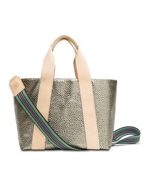 CONSUELA TOMMY CARRYALL Metallic Silver and Tan Leather Tote Bag